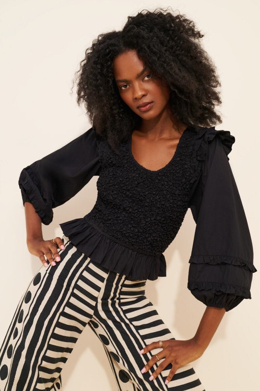 Cleobella Black Veronika Balloon Sleeve Smocked Blouse Large